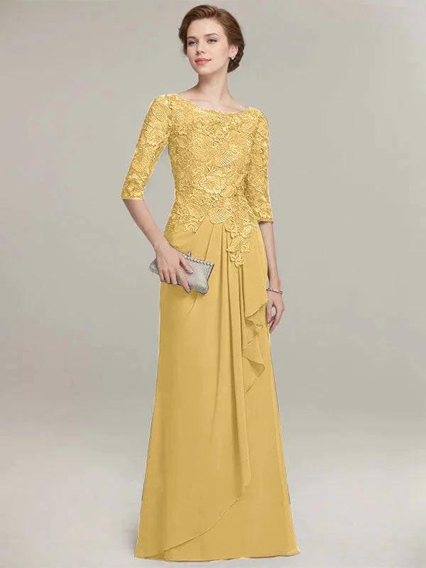 A-line Scoop Illusion Floor-Length Lace Chiffon Mother of the Bride Dress With Cascading Ruffles