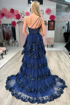Gold Tulle Sequin One-Shoulder Ruffle Corset Prom Dress with Slit SYP173