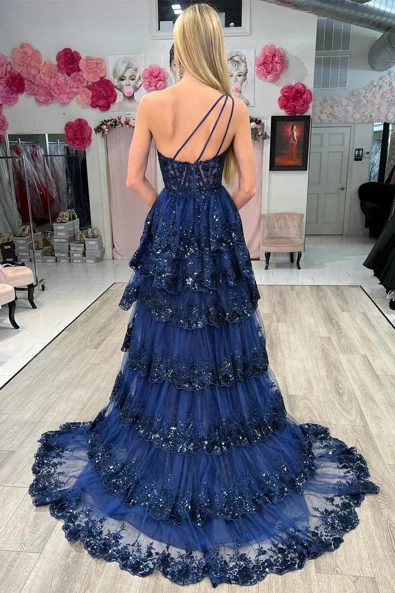 Gold Tulle Sequin One-Shoulder Ruffle Corset Prom Dress with Slit SYP173