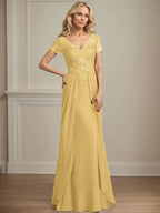 A-line V-Neck Floor-Length Chiffon Lace Mother of the Bride Dress