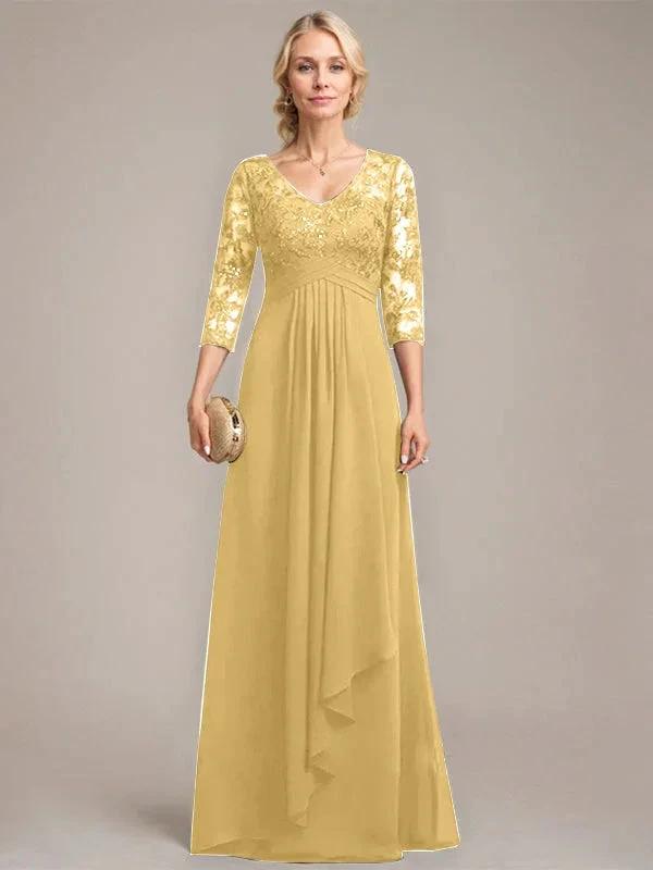 A-line V-Neck Floor-Length Lace Chiffon Mother of the Bride Dress With Cascading Ruffles Sequins