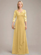 A-line V-Neck Floor-Length Lace Chiffon Mother of the Bride Dress With Cascading Ruffles Sequins