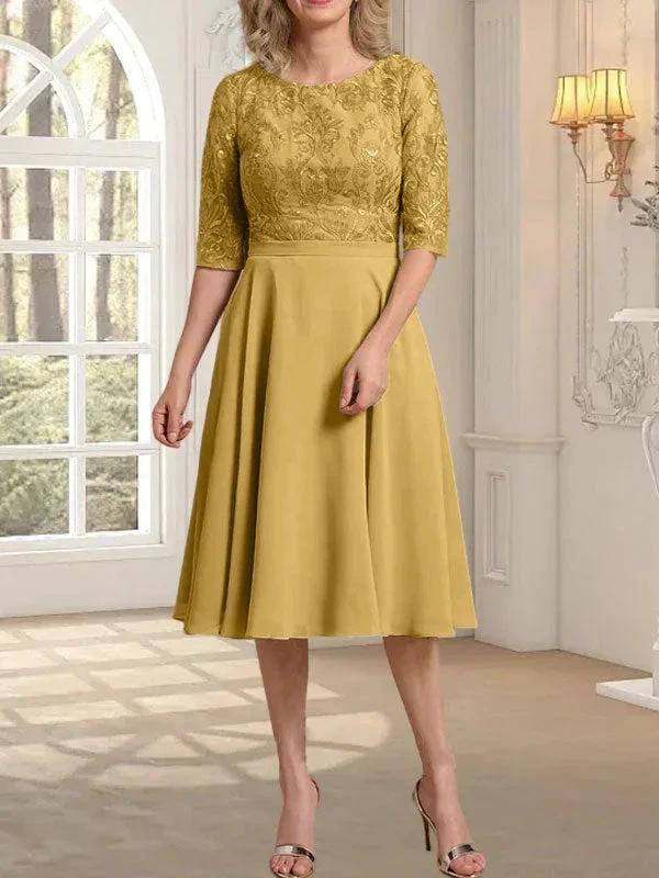 A-line Scoop Knee-Length Lace Chiffon Mother of the Bride Dress