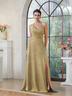 Elegant Long A-line V-Neck Halter Shiny Silk Prom Dress With Side Slit Party Dress with Pocket