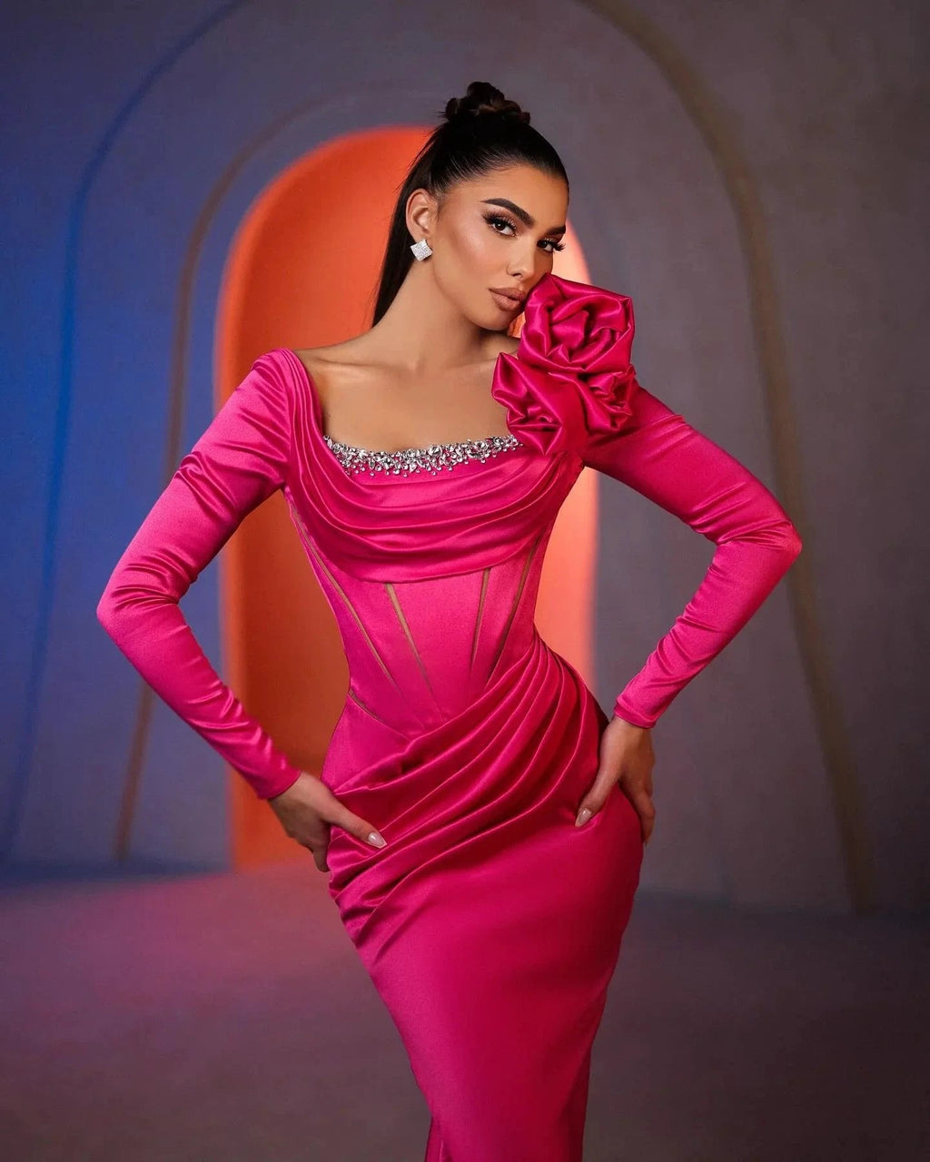 Gorgeous Column Square Long Sleeve Rhinestone Satin Prom Dresses