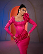 Gorgeous Column Square Long Sleeve Rhinestone Satin Prom Dresses