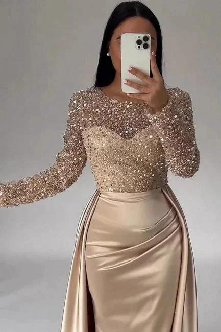 Gorgeous Long A-line Beading Sequined Prom Dresses with Long Sleeves