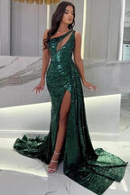 Gorgeous Long Dark Green One Shoulder Sleeveless Sequined Prom Dress With Slit