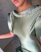 Gorgeous Long Dusty Sage Mermaid Sleeveless Satin Prom Dress With Rhinestones