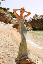 Gorgeous Long Mermaid Sleeveless Rhinestones Satin Prom Dress