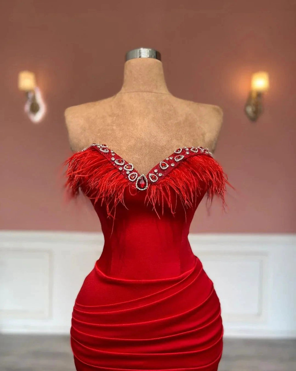Gorgeous Long Red Column Sweetheart Jewels Prom Dress With Feathers