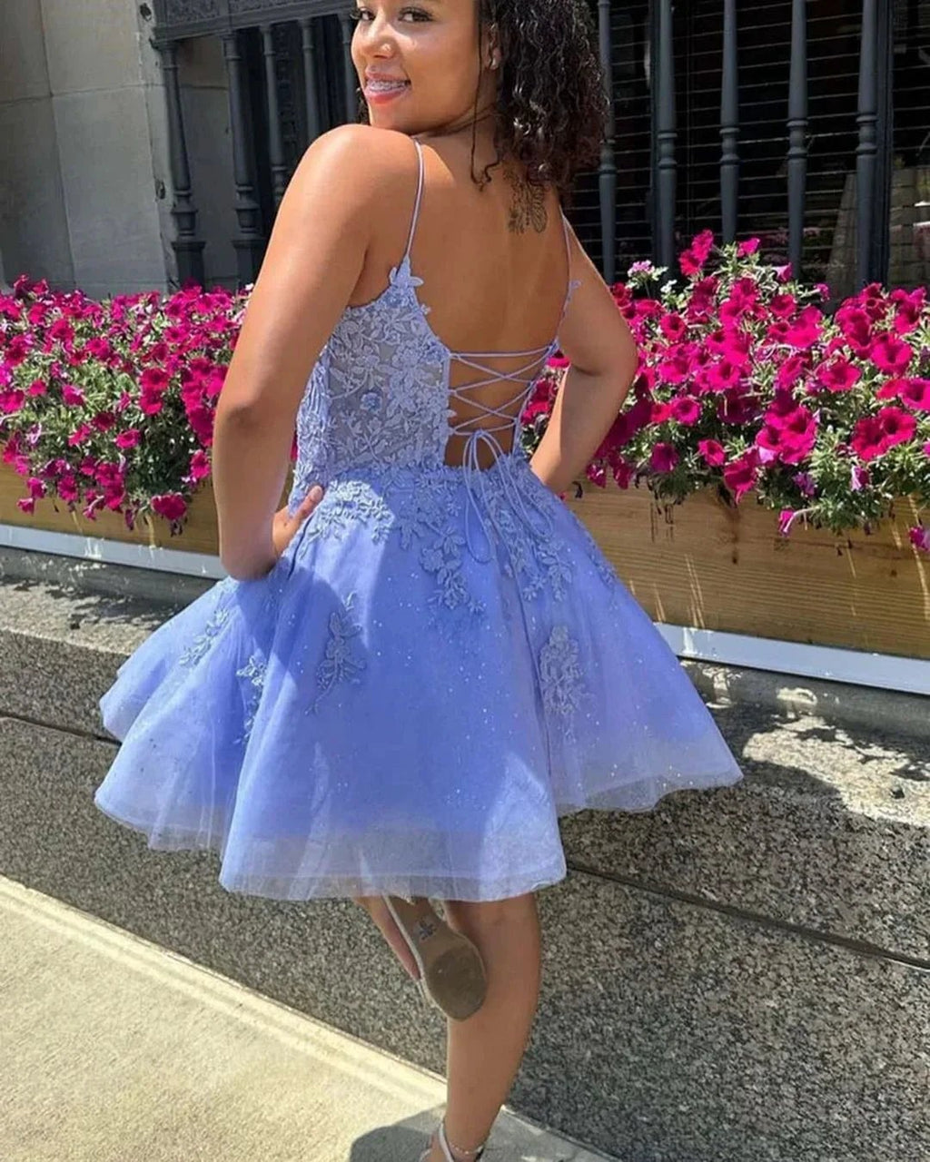 Gorgeous Short Spaghetti straps Lace Glitter Sleeveless Homecoming Dress