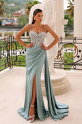 Green A-line Spaghetti Straps Satin Long Prom Dresses With Split Front