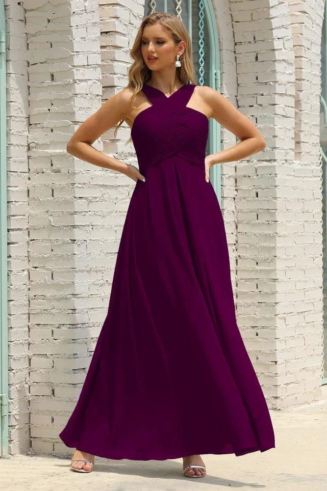 Numbersea Women Halter Chiffon Bridesmaid Dress A-line Long Formal Prom Gown SEA28015