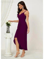 Numbersea Spaghetti Chiffon V Neck Bridesmaid Dress Mid-Length Slit Formal Prom Dress Homecoming Dress 2803