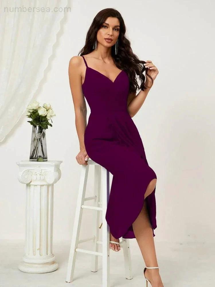 Numbersea Spaghetti Chiffon V Neck Bridesmaid Dress Mid-Length Slit Formal Prom Dress Homecoming Dress 2803