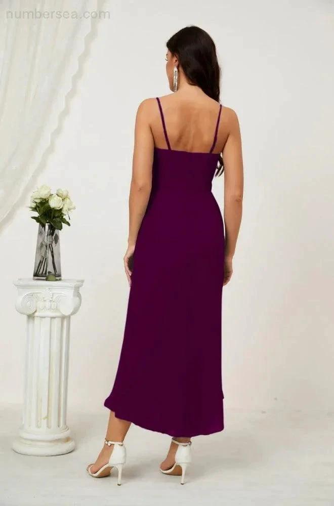 Numbersea Spaghetti Chiffon V Neck Bridesmaid Dress Mid-Length Slit Formal Prom Dress Homecoming Dress 2803