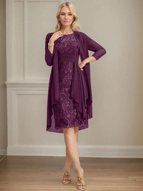 Sheath/Column Scoop Illusion Knee-Length Lace Chiffon Mother of the Bride Dress With Cascading Ruffles Sequins