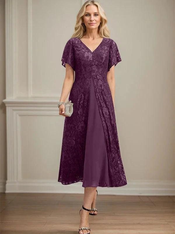 A-line V-Neck Tea-Length Lace Chiffon Mother of the Bride Dress