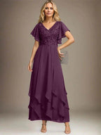 A-line V-Neck Ankle-Length Lace Chiffon Mother of the Bride Dress With Cascading Ruffles