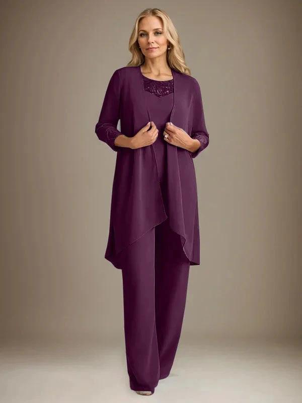 Chiffon Scoop Long Sleeves Mother Of The Bride Pantsuits With Jacket