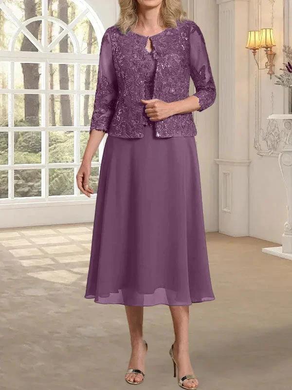 A-line Scoop Tea-Length Lace Chiffon Mother of the Bride Dress With Sequins