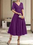 A-line V-Neck Tea-Length Tulle Lace Mother of the Bride Dress With Pleated