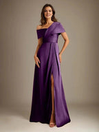 A-Line Asymmetrical Neckline Floor-Length Satin Mother of the Bride Dress With Pleated