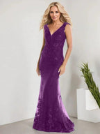 A-line V-Neck Floor-Length Lace Chiffon Mother of the Bride Dress With Applique Sequins Mermaid Dresses