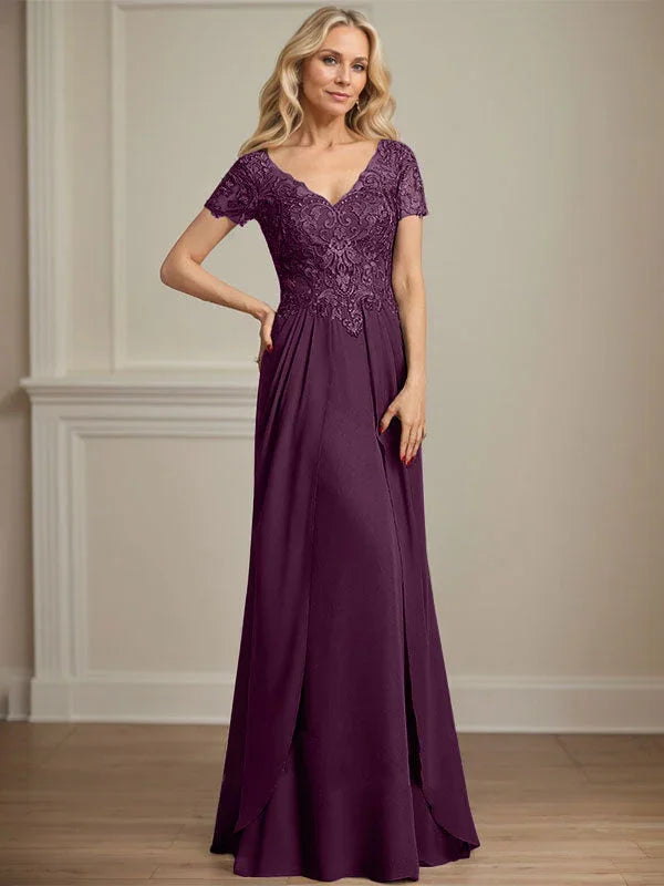 A-line V-Neck Floor-Length Chiffon Lace Mother of the Bride Dress