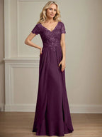 A-line V-Neck Floor-Length Chiffon Lace Mother of the Bride Dress