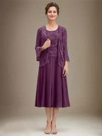 A-line Scoop Tea-Length Lace Chiffon Mother of the Bride Dress With Sequins