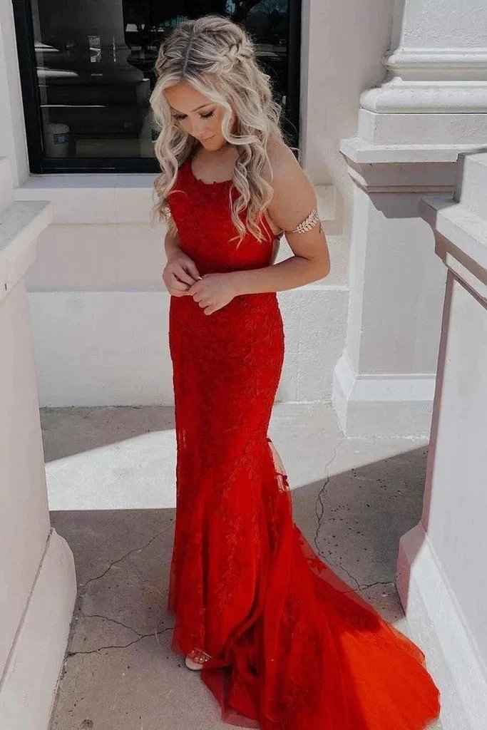 Green Tulle Mermaid Scoop Neck Lace Up Prom Dresses Evening Dresses  PSK438