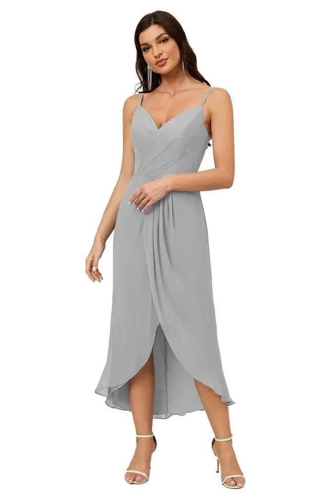 Numbersea Spaghetti Chiffon V Neck Bridesmaid Dress Mid-Length Slit Formal Prom Dress Homecoming Dress 2803