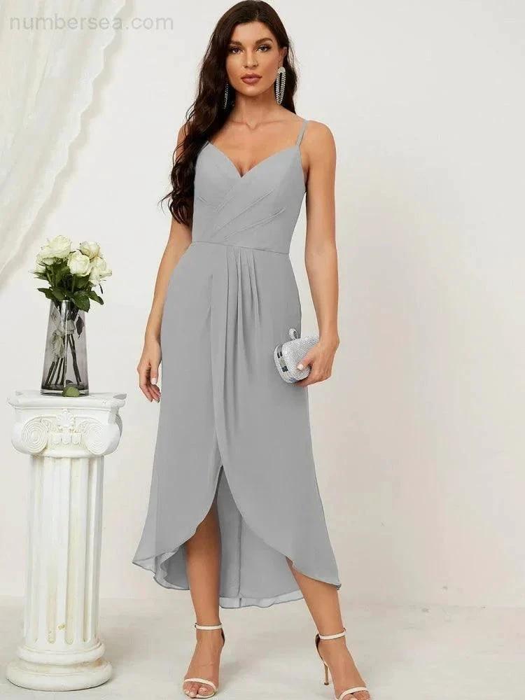 Numbersea Spaghetti Chiffon V Neck Bridesmaid Dress Mid-Length Slit Formal Prom Dress Homecoming Dress 2803