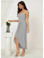 Numbersea Spaghetti Chiffon V Neck Bridesmaid Dress Mid-Length Slit Formal Prom Dress Homecoming Dress 2803