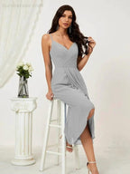 Numbersea Spaghetti Chiffon V Neck Bridesmaid Dress Mid-Length Slit Formal Prom Dress Homecoming Dress 2803