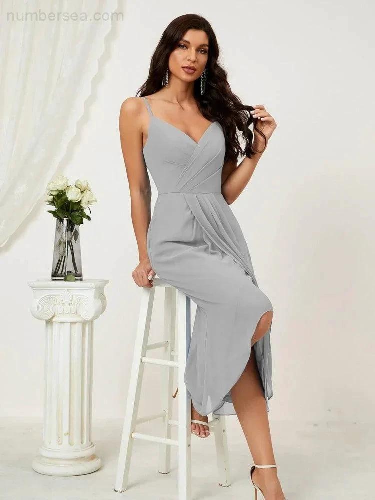 Numbersea Spaghetti Chiffon V Neck Bridesmaid Dress Mid-Length Slit Formal Prom Dress Homecoming Dress 2803
