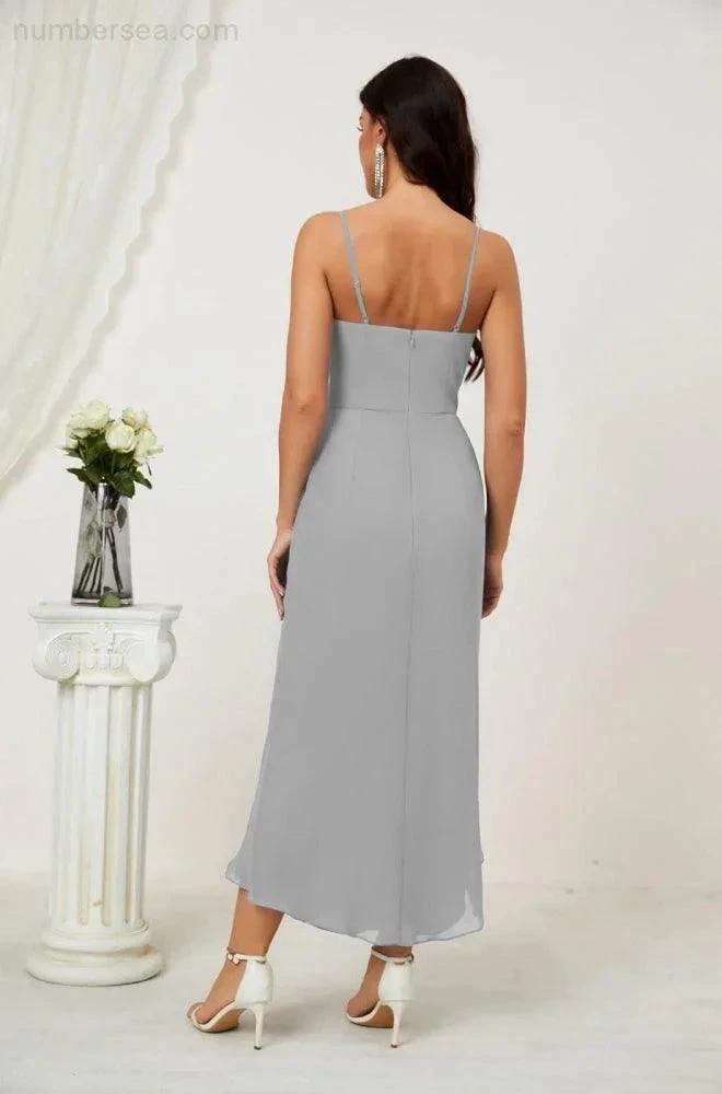 Numbersea Spaghetti Chiffon V Neck Bridesmaid Dress Mid-Length Slit Formal Prom Dress Homecoming Dress 2803