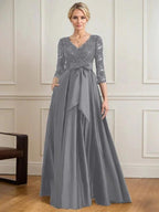 A-line V-Neck Floor-Length Satin Lace Mother of the Bride Dress With Sequins Bow