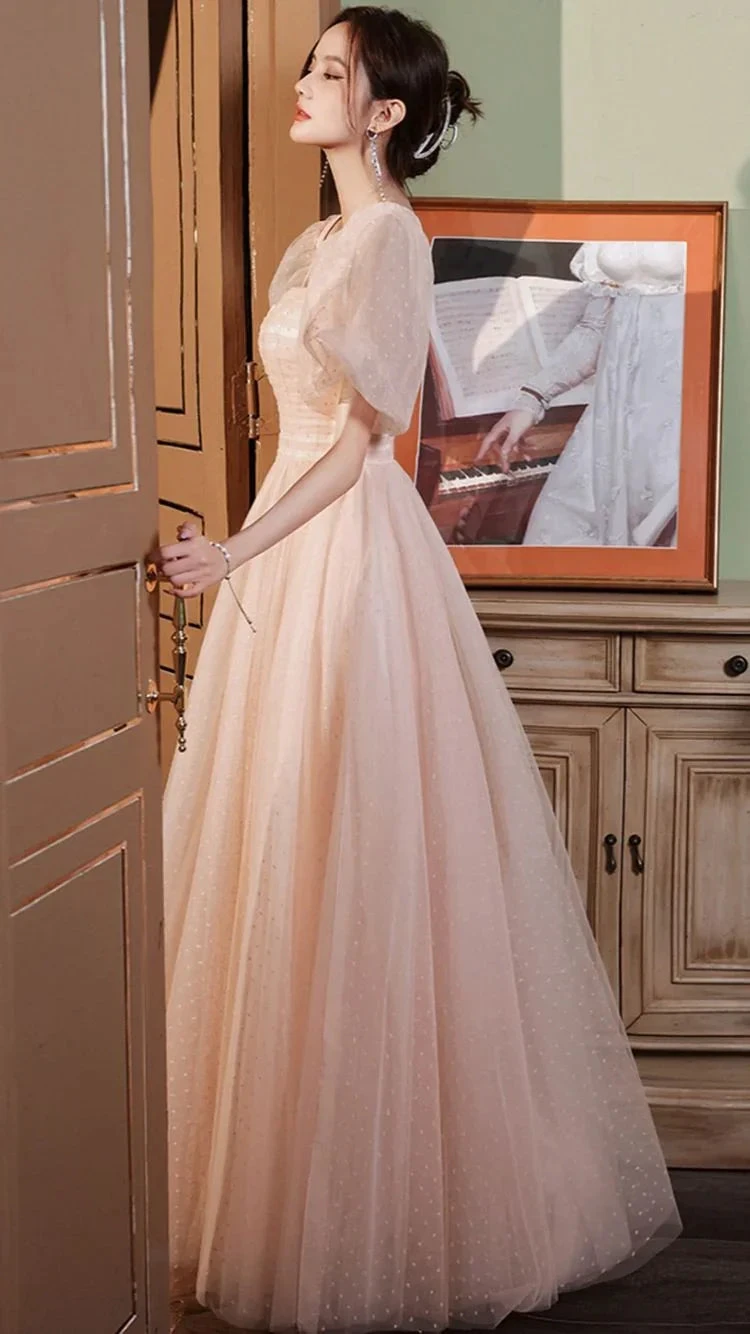 Pink tulle long A line prom dress pink evening gown Y1926