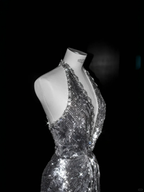 Sparkly Silver Deep V Halter Sequins Beaded Backless Evening Dress Mermaid Prom Dress Y8687