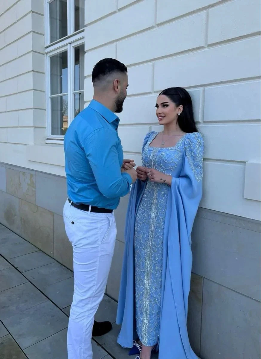 Elegant Blue Beaded Sequins Luxury Evening Dresses Satin Trim with Shawl Arabian Dubai Muslim Prom Dress Y4669