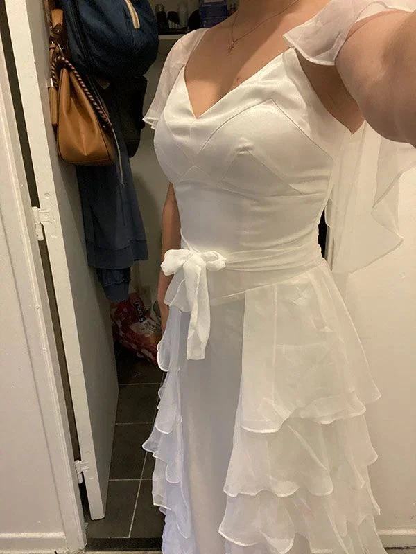 Chic White Ruffled V-neck Long Evening Dress white Evening Gown Y5354