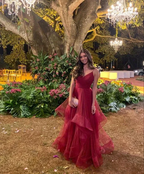 Elegant Burgundy A-line Ruffle Evening Dress Y5878