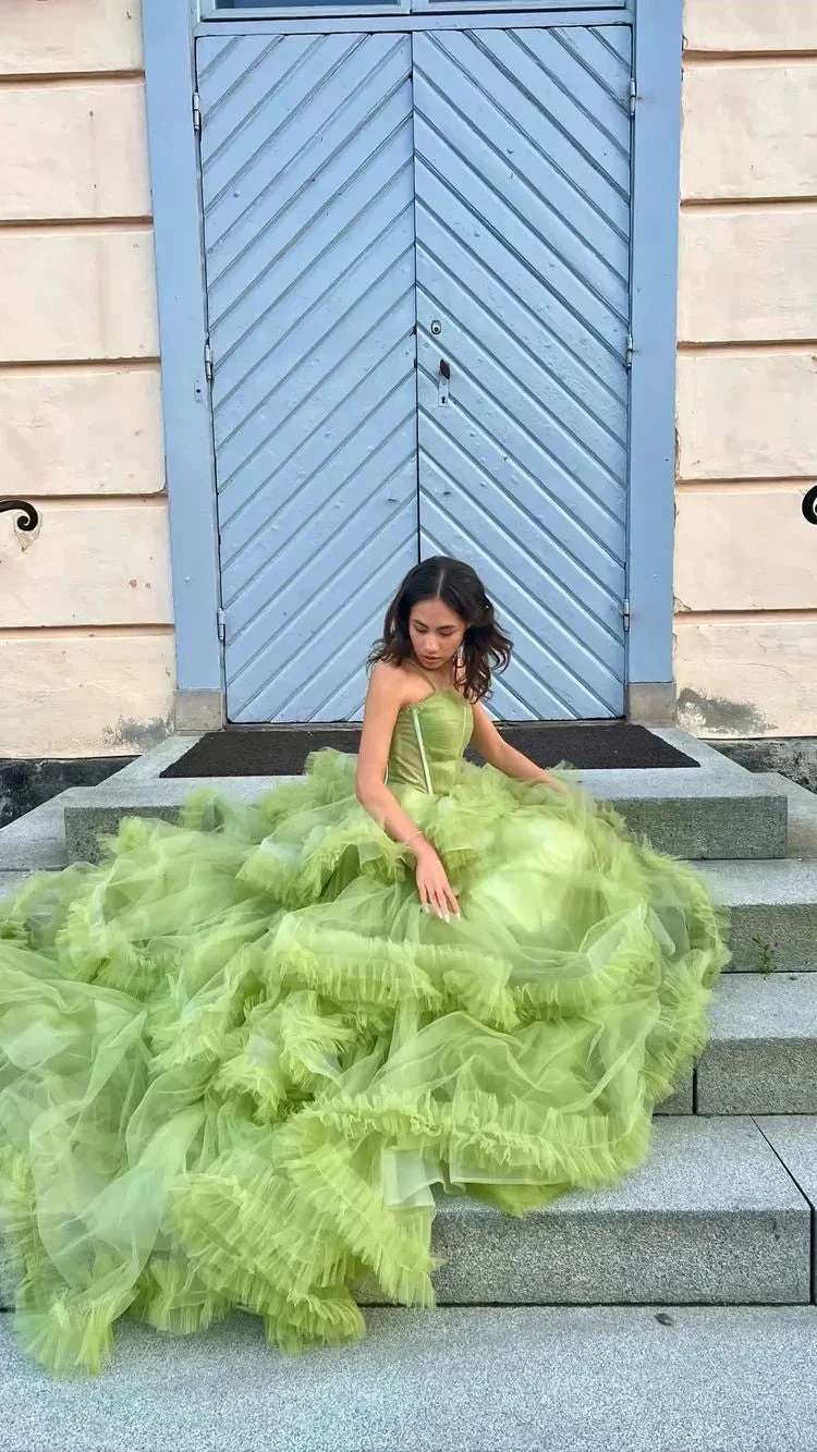 Green Tulle Long Prom Dresses, A-Line Formal Evening Dresses Y2029