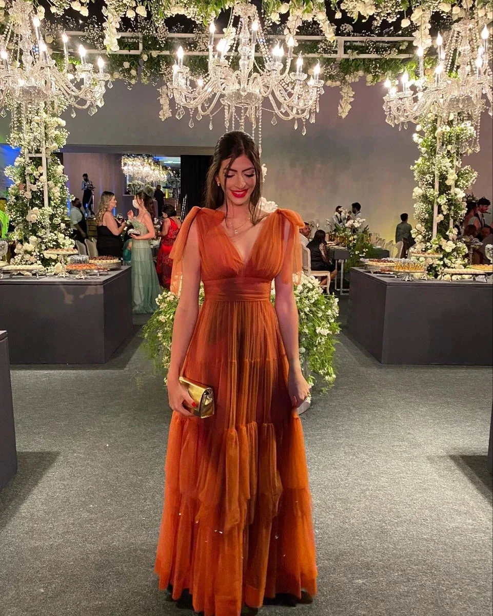 Orange Elegant V Neck Long Evening Dress Wedding Guest Dress Y5065