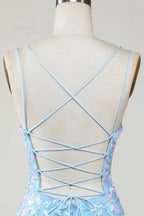 Blue Sheath Spaghetti Straps Short Homecoming Dress With Aqqliques