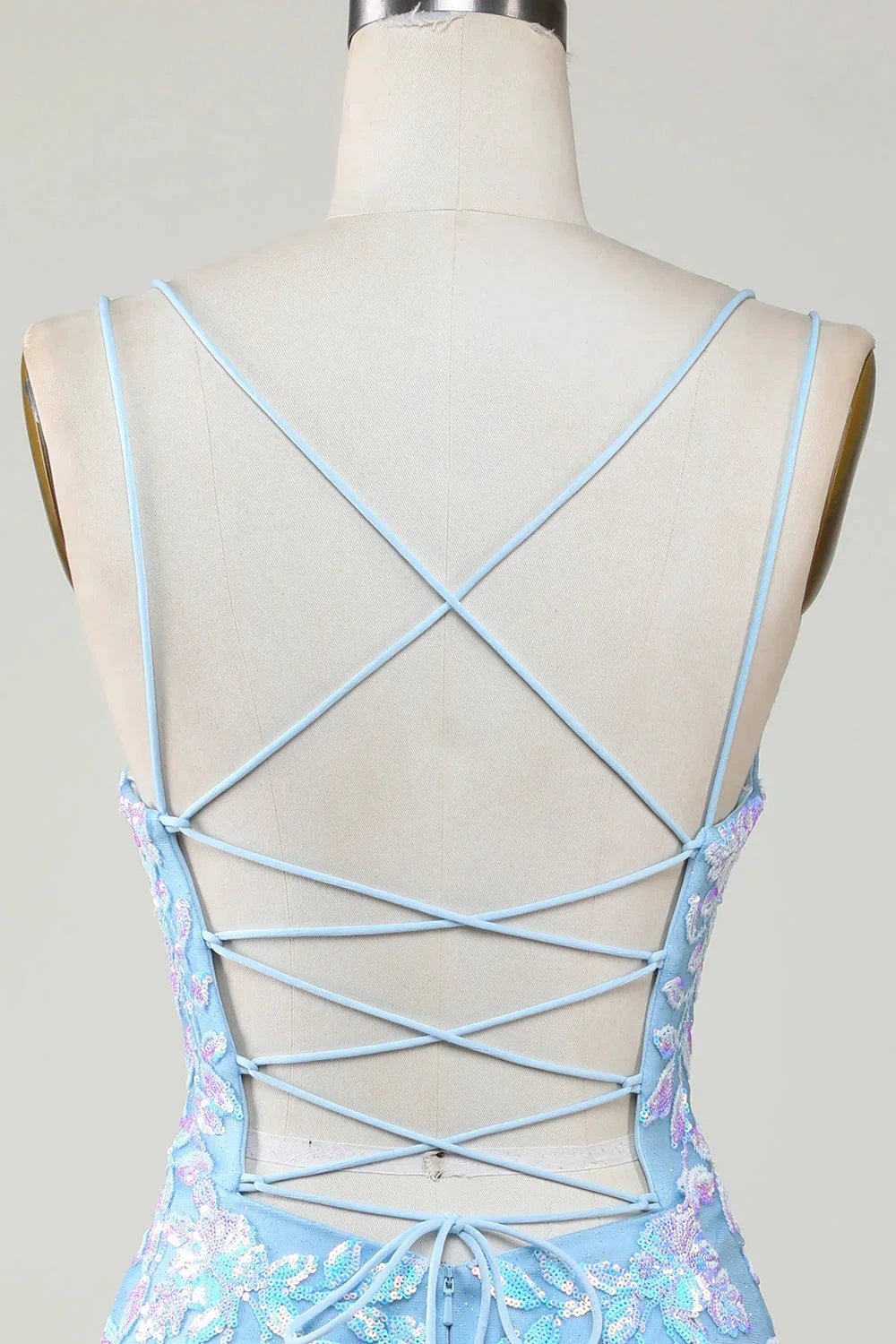 Blue Sheath Spaghetti Straps Short Homecoming Dress With Aqqliques