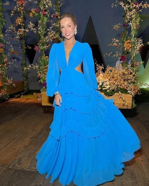 Long Sleeves Blue long prom dress evening dress Y4831